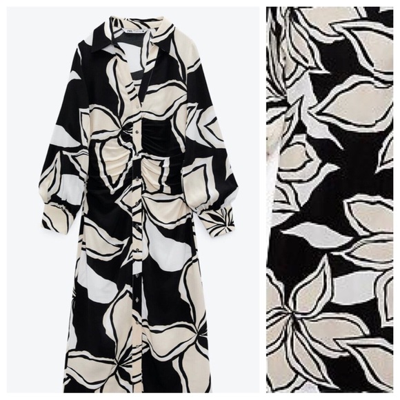 NWT.  Zara Black/Ecru Floral Print Shirt Midi Dress. Size XS. - Picture 6 of 10